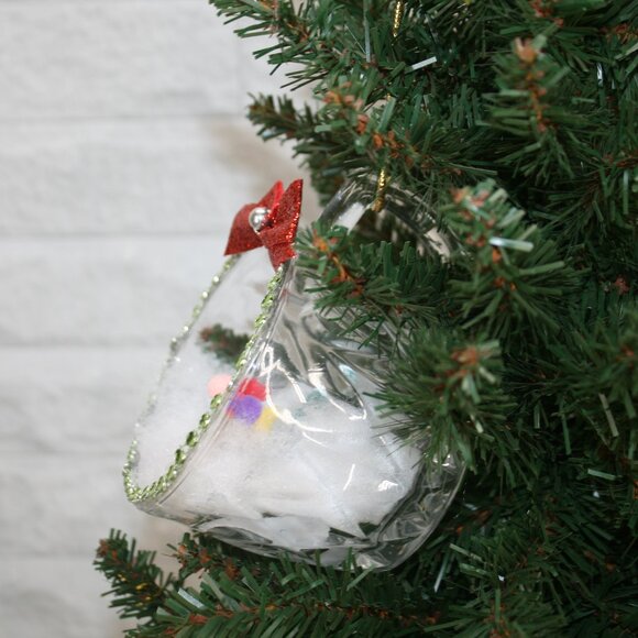 HAND CRAFTED Christmas Ornament Upcyled Teacup Balloon Bear Winter Scene Green - Picture 3 of 9